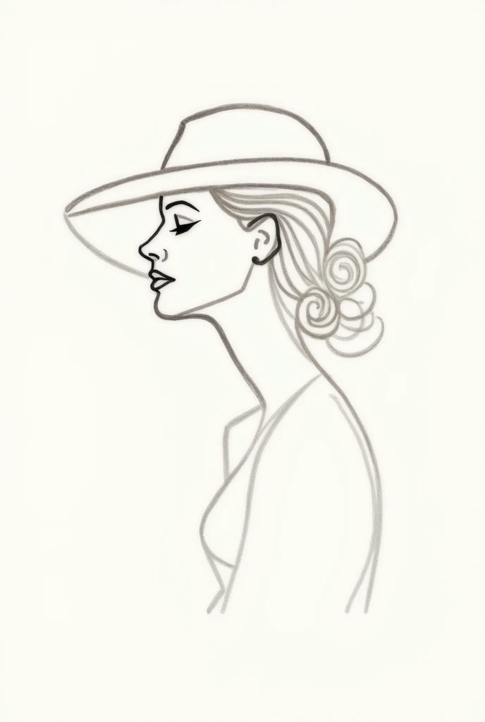 A thin line drawn continuously that takes the shape of the face of an elegant woman with a hat with a pose that shows her femininity and elegance with a short neck and loose hair.