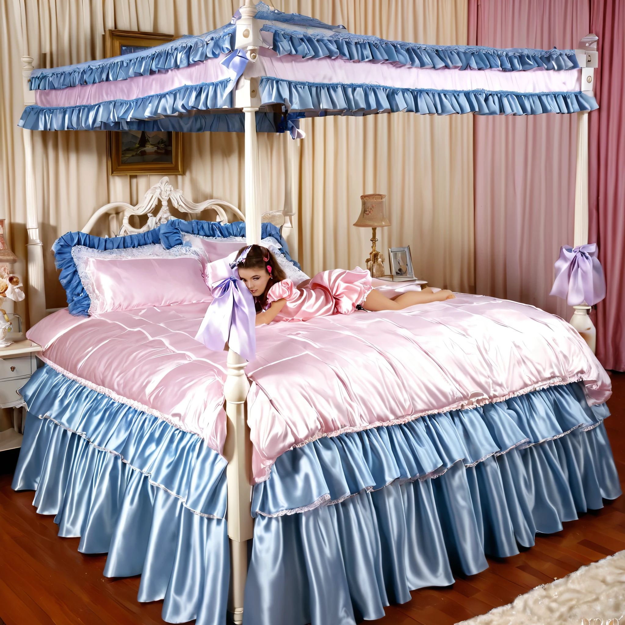 Beautifull 1girl on the bed,early teenage,detailed baby face,small face,a pink silk satin frilled blouse and skirt,medium dress,detailed ribbons,detailed lace petticoat,frilled sleeves,,a bed with a mountain of silk satin pillows,canopy bed,king size bed,more big bed,lot of silk satin frilled pillows,more pillows, A plump qulited silk satin soft devet,devet decorated ribbons, ruffles lace silk.retro white pipe bed frame, realistic, blue eyes, rolled long blond hear,