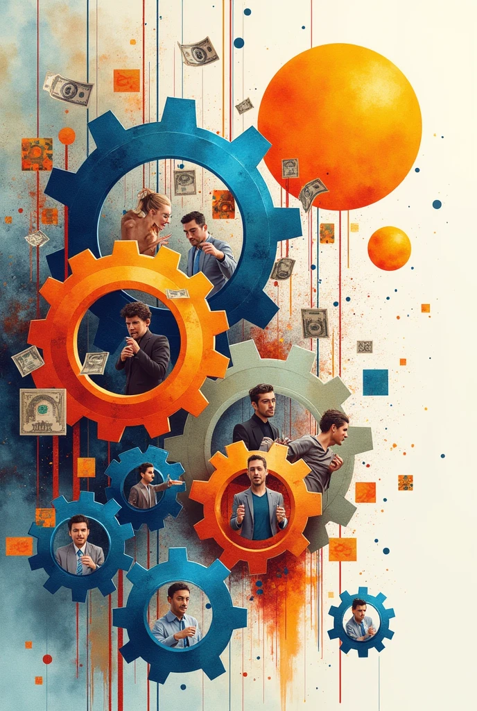 Create three-dimensional gears, circles, and squares, currency, graph lines, and many businessman and businesswoman images. Using watercolor and mixed media Use bright colors The light source is in the upper right corner. --ar 2:3