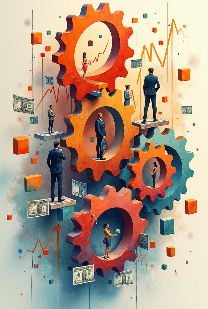 Create three-dimensional gears, circles, and squares, currency, graph lines, and many businessman and businesswoman images. Using watercolor and mixed media Use bright colors The light source is in the upper right corner. --ar 2:3