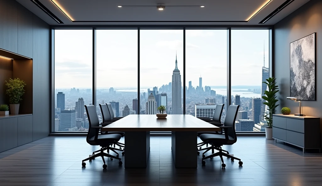 MODERN MEETING ROOM WITH WINDOW TOWARDS NEW YORK CITY WITHOUT PEOPLE