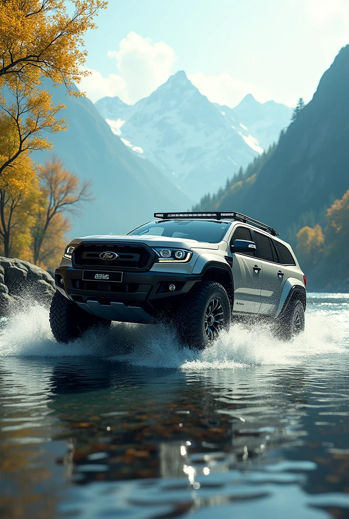 An SUV crosses a river. There were a few trees with slightly yellow leaves and mountains in the distance, but most of the leaves were still green. The Angle of the car is sideways or oblique, and the airflow turning the wheel makes some splash