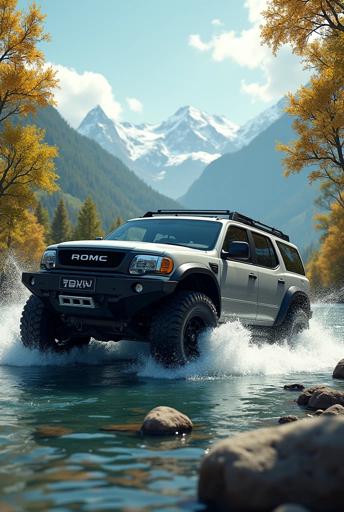 An SUV crosses a river. There were a few trees with slightly yellow leaves and mountains in the distance, but most of the leaves were still green. The Angle of the car is sideways or oblique, and the airflow turning the wheel makes some splash