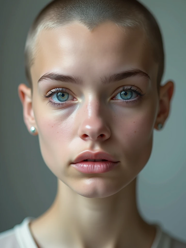 bald girl, close up, no make up, natural beauty, studio portrait, even light, detailed skin, blue eyes, shaved head