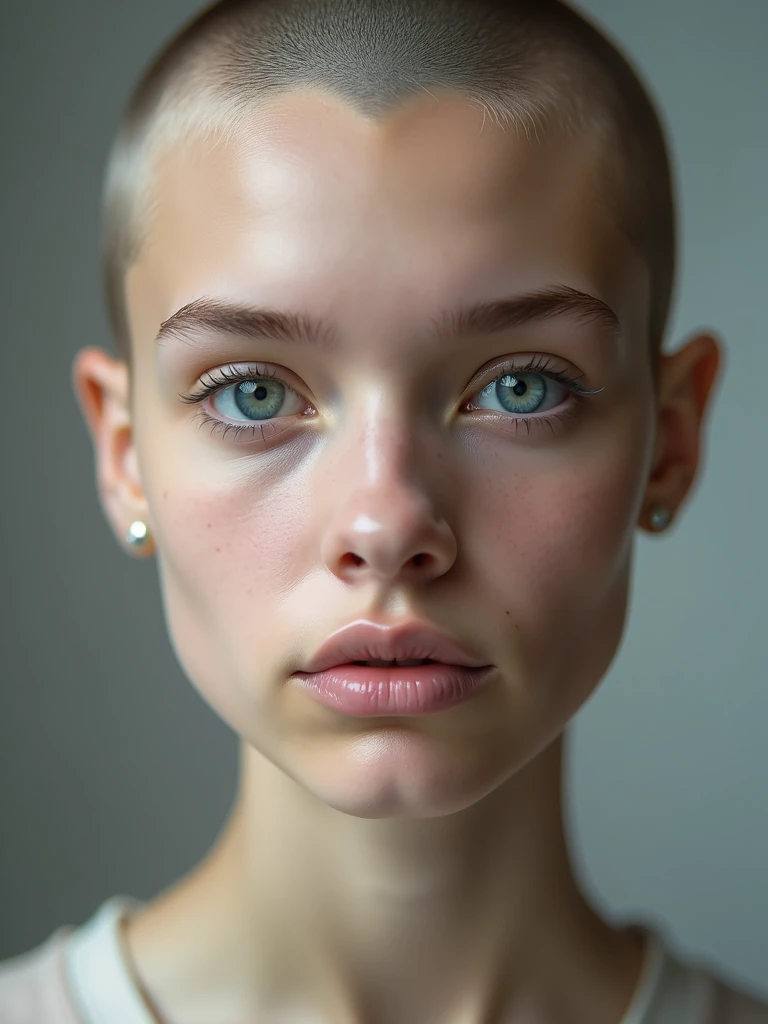 bald girl, close up, no make up, natural beauty, studio portrait, even light, detailed skin, blue eyes, shaved head