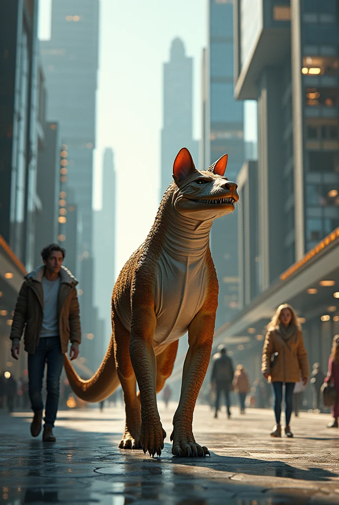 Hyper-detailed fantasy illustration of a cat with a crocodile head, walking like a human in the middle of a futuristic city with towering, ultra-modern buildings. The scene is set in the afternoon, with vibrant sunlight reflecting off glass surfaces, casting intricate shadows. People are walking by, some pausing to stare in shock. The art style is a combination of photorealism and fantasy, with inspirations from H.R. Giger and Syd Mead. The image is rendered in 8K resolution with Unreal Engine, utilizing volumetric light, sharp focus, and a wide-angle lens for a dynamic, immersive view.