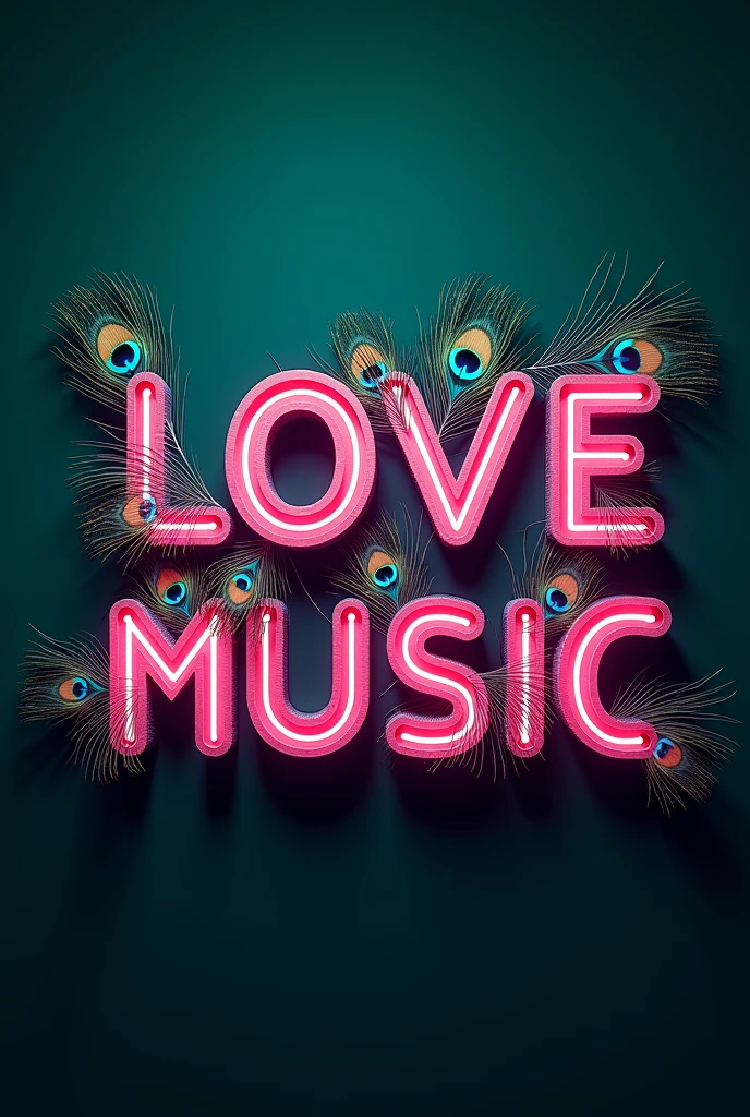 Create a realistic 3d image of "Love❤️Music" in style bold font, love background,green neon lighting. Capital letter. Peacock feathers on letters