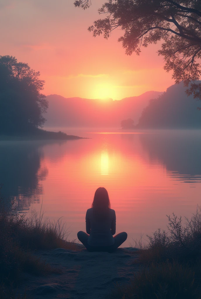 Person Reflecting by a Calm Lake at Sunrise: A person sitting or standing by the edge of a calm lake at sunrise, looking out over the water. The calmness of the lake reflects inner peace and clarity, while the sunrise signifies new beginnings. The person’s posture shows reflection and readiness to take on the day’s challenges with a strong mindset.