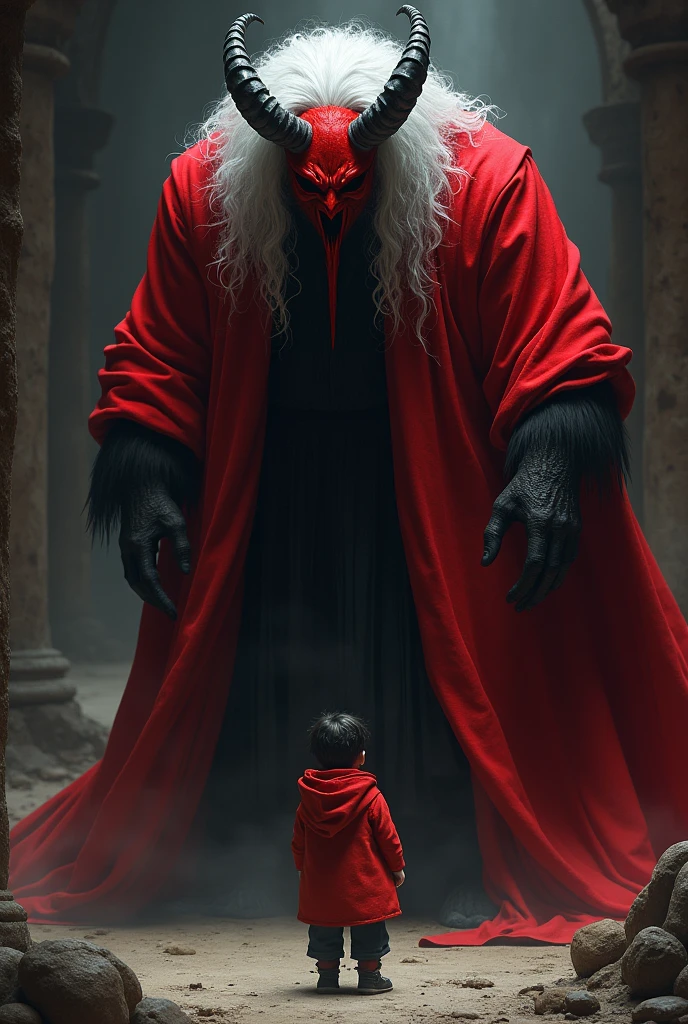 One man curly long hair colour white and black and use scary mask colours red fat man and mask is demon and no horn and red dress and boy name is lakhe