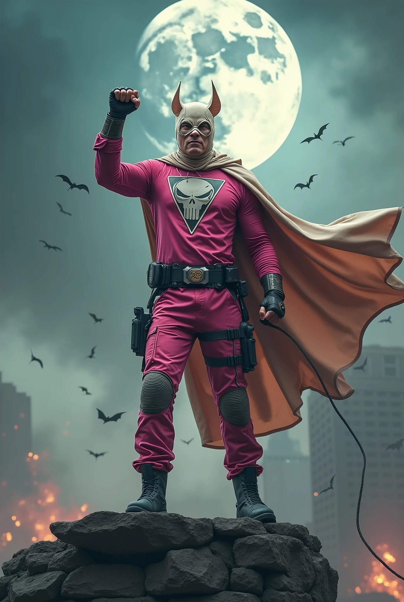 Malaysia man in high-tech suit, vivid effects, malaysian superhero (KELUANG MAN) in a striking pink and(( beige costume cyberpunk design, mask small mini bat ear beige)), ((daredevil beige mask)), jumpsuit dark pink stands confidently in a dramatic.jumping from high place.hero costume.one hand rise up. Big triangle logo on the chest.high detail Punisher logo on the chest. Fighting pose , stormy landscape. ((Head covered node guard like batman. Running pose , athletic body type, small mini ear bat mask))The character wears domino mask a helmet with pointed mini torn ears and a flowing cape biege, open nose and mouth. Equipped with visible futuristic weapons on a belt,bullet proof jacket pink dark day.show fingers pose, dark night, big supermoon effect . Small logo on chest triangle shape small punisher logo center triangle cyber logo center on chest pink logo mini logo((WEAR LOOSE CARGO PANT.)) . rocky. Building top.smoke ground , bomb effect background, losse pants, losses costume.adding to --ar 3:4 --style raw --stylize 500 --v 6.1. chaos. Lot of small flying bat. One leg on the high stone. Man . Real man age 40 year old. One hand holding belt.one hand holding black rope hanging on building
