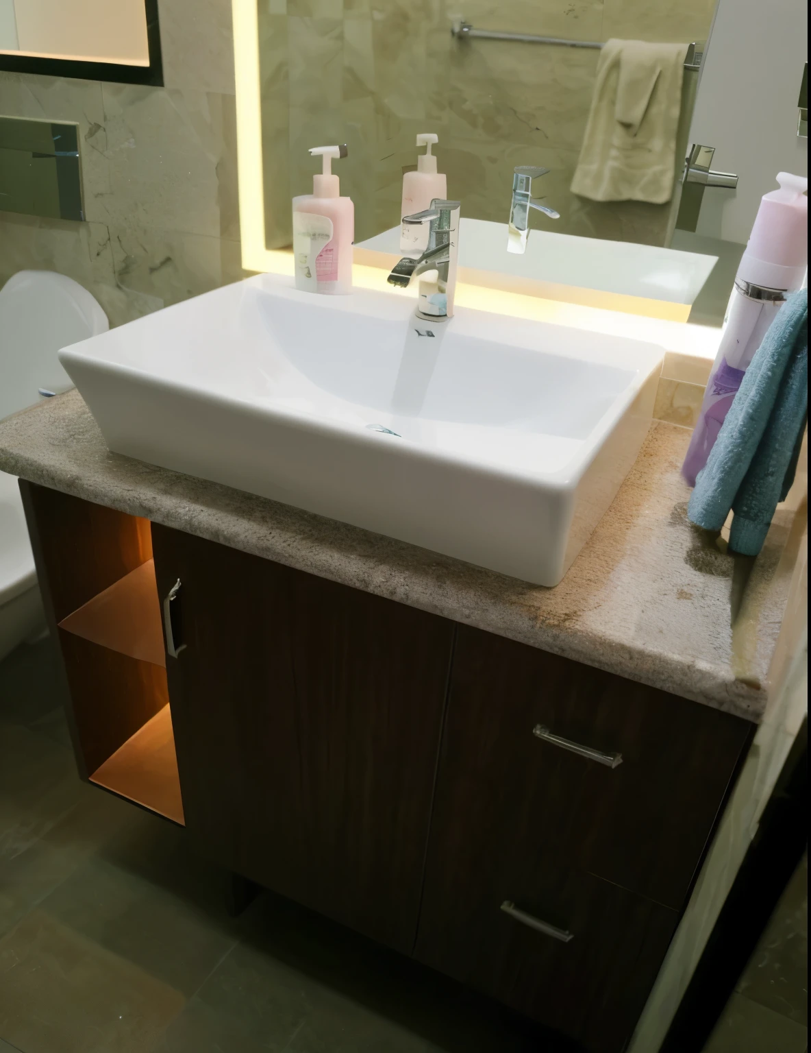 Change the vanity color. Change the tiles color.
