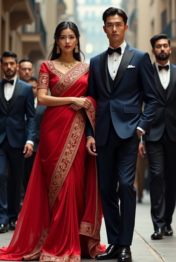 Navy blue suit men with red saree women