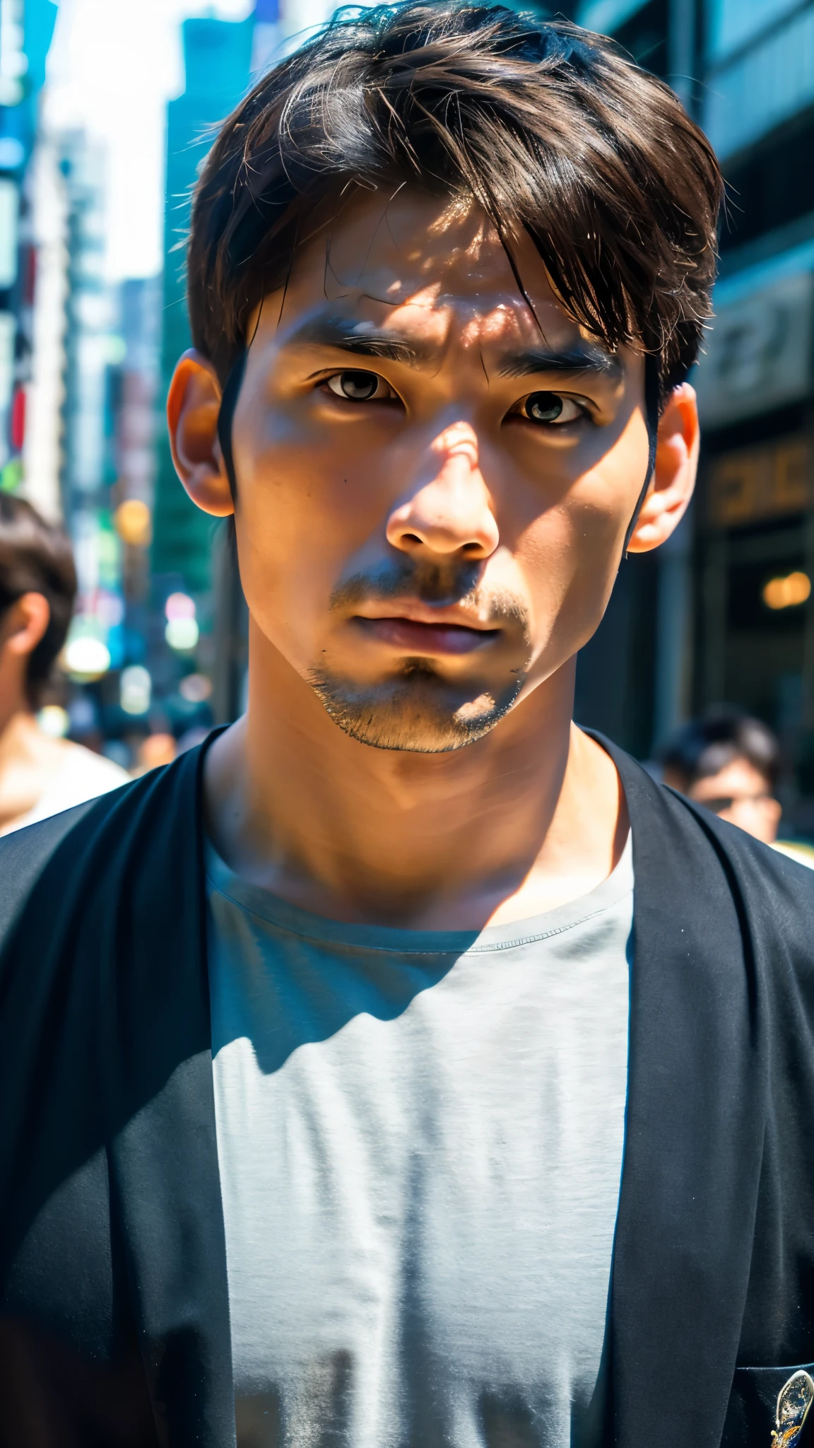 Photorealistic, 8K full-body poster, Handsome man, Japanese, 1 male, Serious expression, Sharp Eyes, Attractive look, Detailed facial details, muscle, Tokyo, summer, T-Shirts, Shibuya in the background