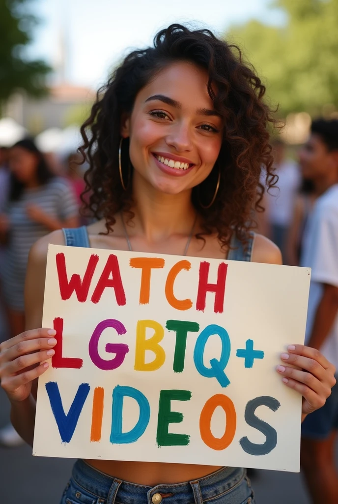 A girl holding a sign saying i love watching gay videos