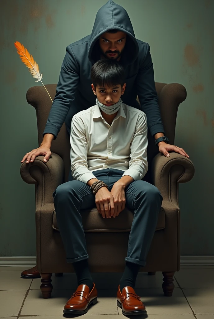 Naim is a 2 handsome student with a neat shirt,wearing loafers and black socks from Malaysia was kidnapped, tied at the hands and feet in the chair,his mouth was covered with a rag. There was a male kidnapper who kidnapped Naim and pointed a chicken feather at Naim to force Naim to tell a secret. The kidnapper was angry and immediately forced Naim to take off his shoes.
