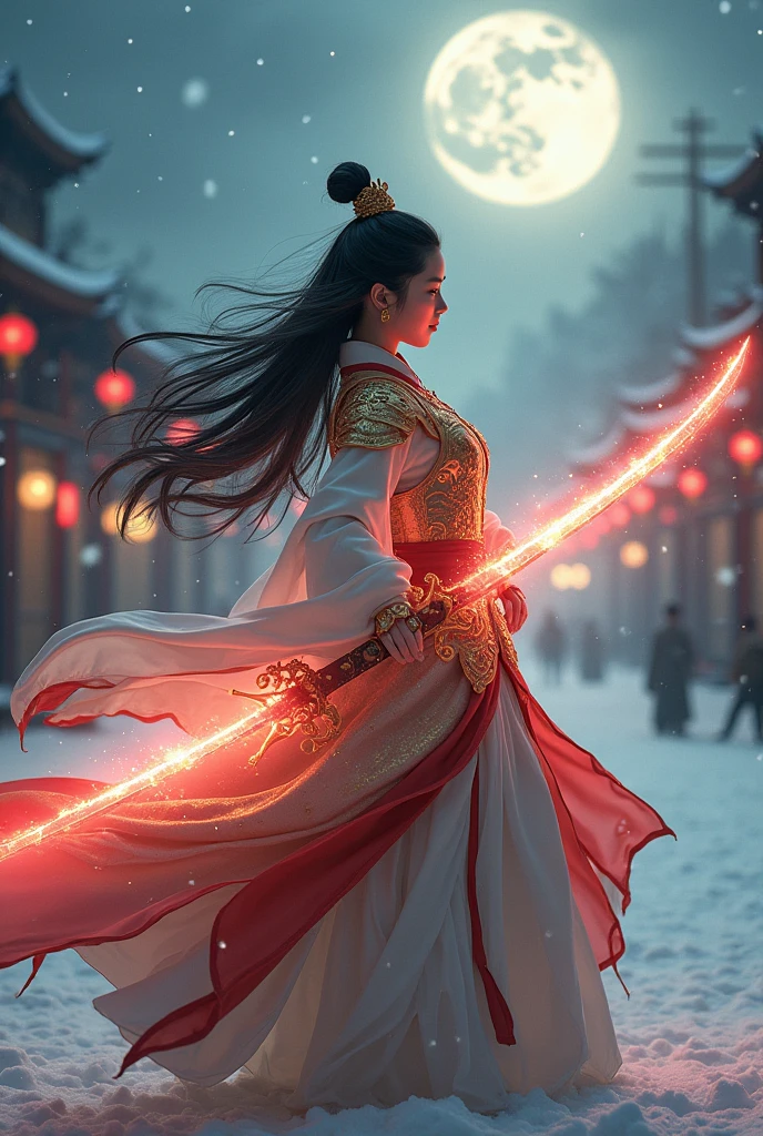 (masterpiece, best quality, beauty, best ratio, best shadows,best Illustration, wallpaper size,1080×2400 pixels) 
uhd, china female kungfu, korean beauty like tae yon, dancing, full posture fully visible, shining blue eyes, windblown hair, wear gold full general armory with elegant swans emblem, hand holding a sword emits red energy, on the snowing square. midnight sky full moon and snowflake seen on far away. use the RenderMan renderer.digital art. High definition, high contrast,high color saturation,128k,cinematic lighting, intricate,cinematic advertising photograph,cinema lens,high res.