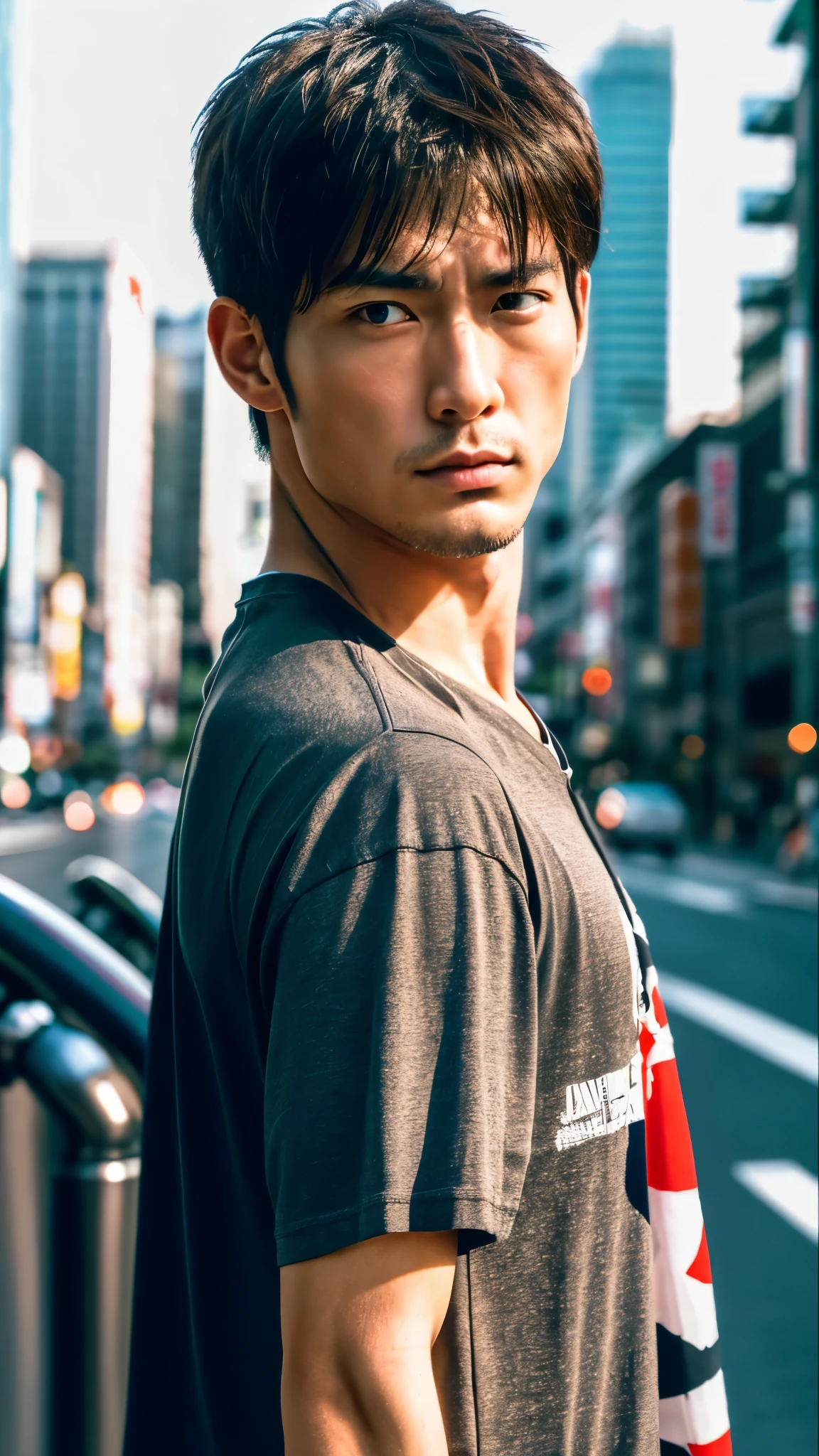 Photorealistic, 8K full-body poster, Handsome man, Japanese, 1 male, Serious expression, Sharp Eyes, Attractive look, Detailed facial details, muscle, Tokyo, summer, T-Shirts, Shibuya in the background