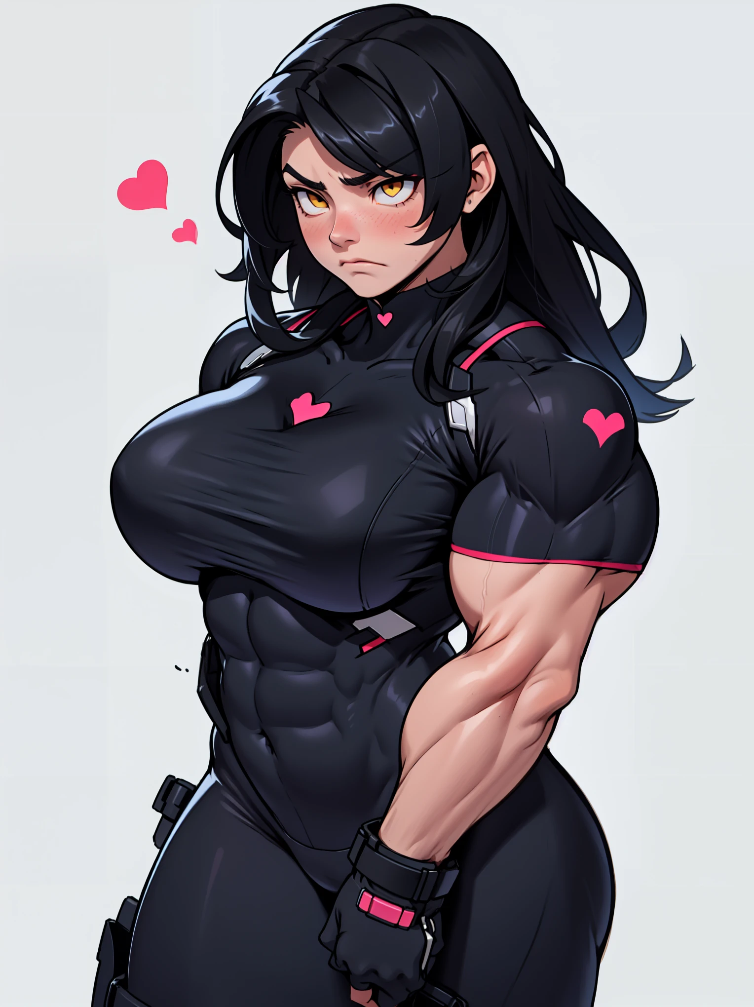 massive breasts huge breasts ((((muscular girl)))) ((((muscular girl)))) ((((muscular girl)))) toned body skinsuit long hair black hair yellow eyes pale skin serious look empty eyes sad frown embarrassed embarrassed embarrassed embarrassed heart heart heart