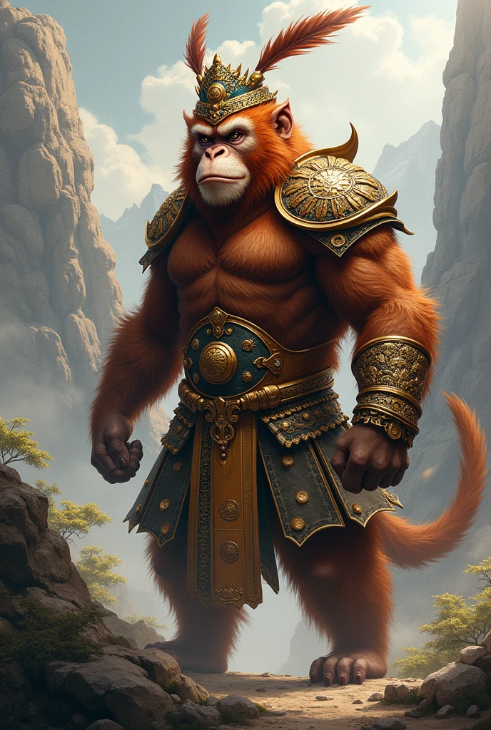 Mongkey king With brown fur a bit orange
with armor chinese general With 2 long feathers on its crown