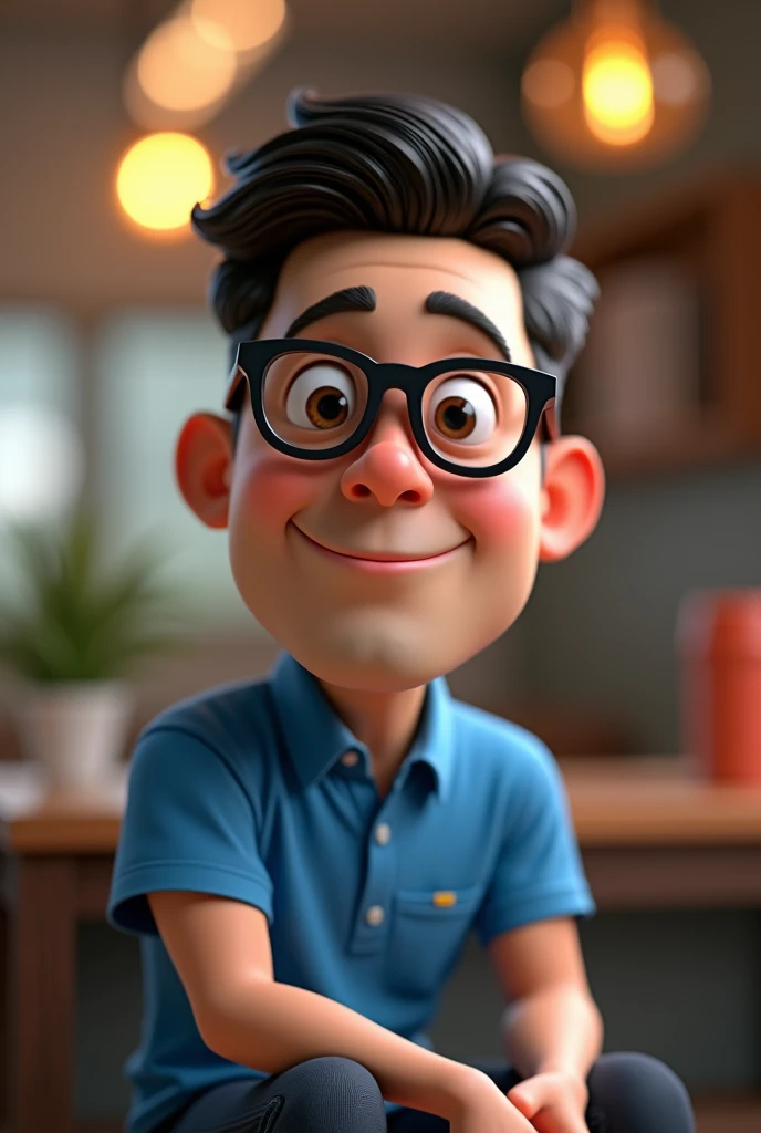 Cartoon character of a man in black glasses and blue shirt, an animated character, stylized character, animation style rendering, 3d stylized, Arnold Maya rendering, Stylized 3D rendering, toon render screenshot, 3d character, 3d character, Stylized 3D rendering, 3D character rendering, cartoon character, Personagem de close up, character posing, (Pixar-style) (master part:1.2) (bokeh) (best qualityer) (skin detailed) (detailed texture) (8k) (Argilla) (cinematic lighting) (sharp focus，Sit down and lift your upper body