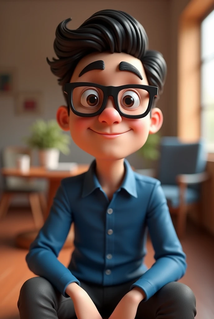 Cartoon character of a man in black glasses and blue shirt, an animated character, stylized character, animation style rendering, 3d stylized, Arnold Maya rendering, Stylized 3D rendering, toon render screenshot, 3d character, 3d character, Stylized 3D rendering, 3D character rendering, cartoon character, Personagem de close up, character posing, (Pixar-style) (master part:1.2) (bokeh) (best qualityer) (skin detailed) (detailed texture) (8k) (Argilla) (cinematic lighting) (sharp focus,Sit down and lift your upper body