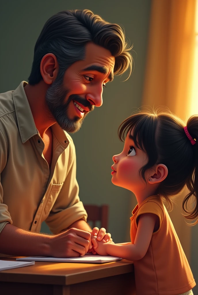 40 year old father teacher looking at his  daughter Latinos, looking at her with tenderness pixar style drawing 