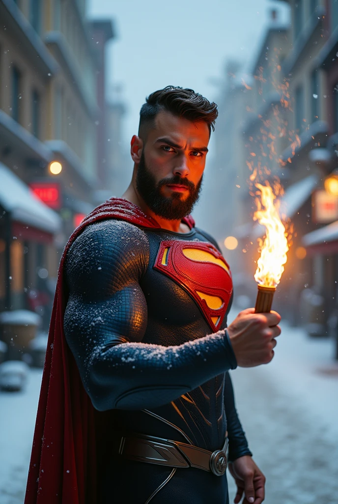 Un homme gay barbu et viril vetu d’un costume de super héros joue avec une allumette enflammée dans une ville eneigée photo ultra réaliste