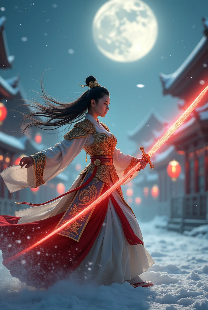 (masterpiece, best quality, beauty, best ratio, best shadows,best Illustration, wallpaper size,1080×2400 pixels)
uhd, china female kungfu, korean beauty like tae yon, dancing, full posture fully visible, shining blue eyes, windblown hair, wear gold full general armory with elegant swans emblem, hand holding a sword emits red energy, on the snowing square. midnight sky full moon and snowflake seen on far away. use the RenderMan renderer.digital art. High definition, high contrast,high color saturation,128k,cinematic lighting, intricate,cinematic advertising photograph,cinema lens,high res.