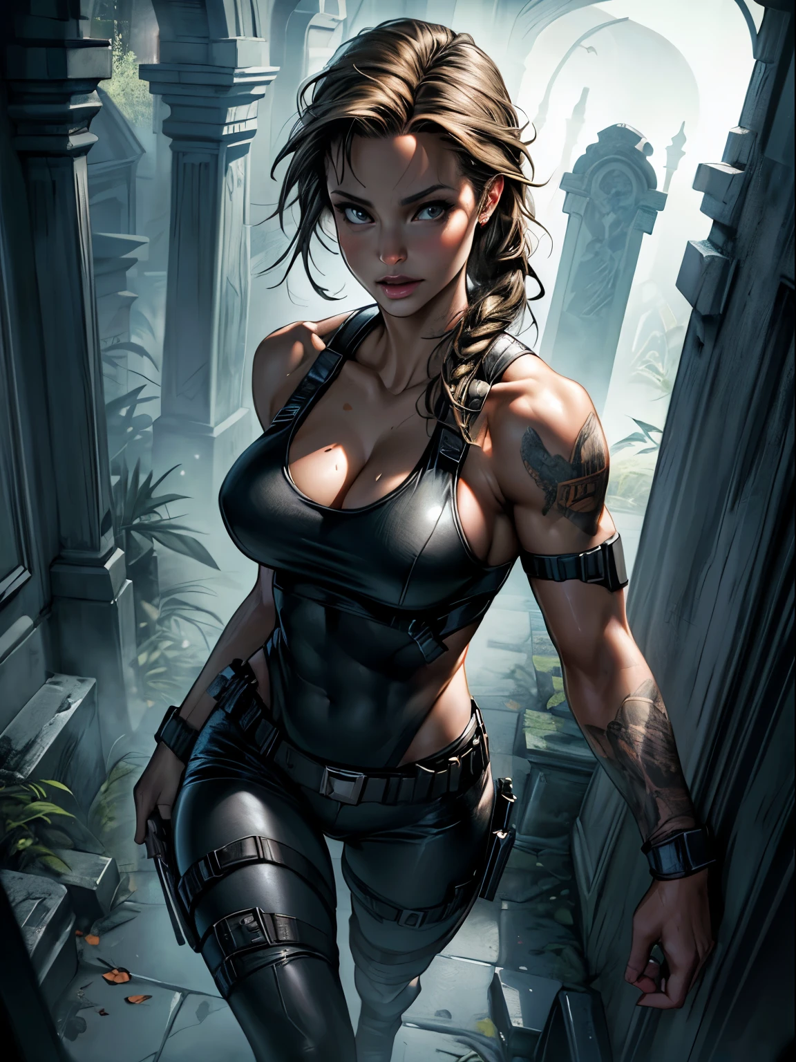 full body image,Masterpiece, best quality, Super display, Very realistic, Highly detailed face, Clean and delicate face, whole body(Masterpiece best quality: 1.2) "Tomb Raider (Angelina Jolie) Sexy, sexy anime style, charming, charming, big breasts" Scary graveyard background with other ghosts around, in the style of a leading portrait painter.