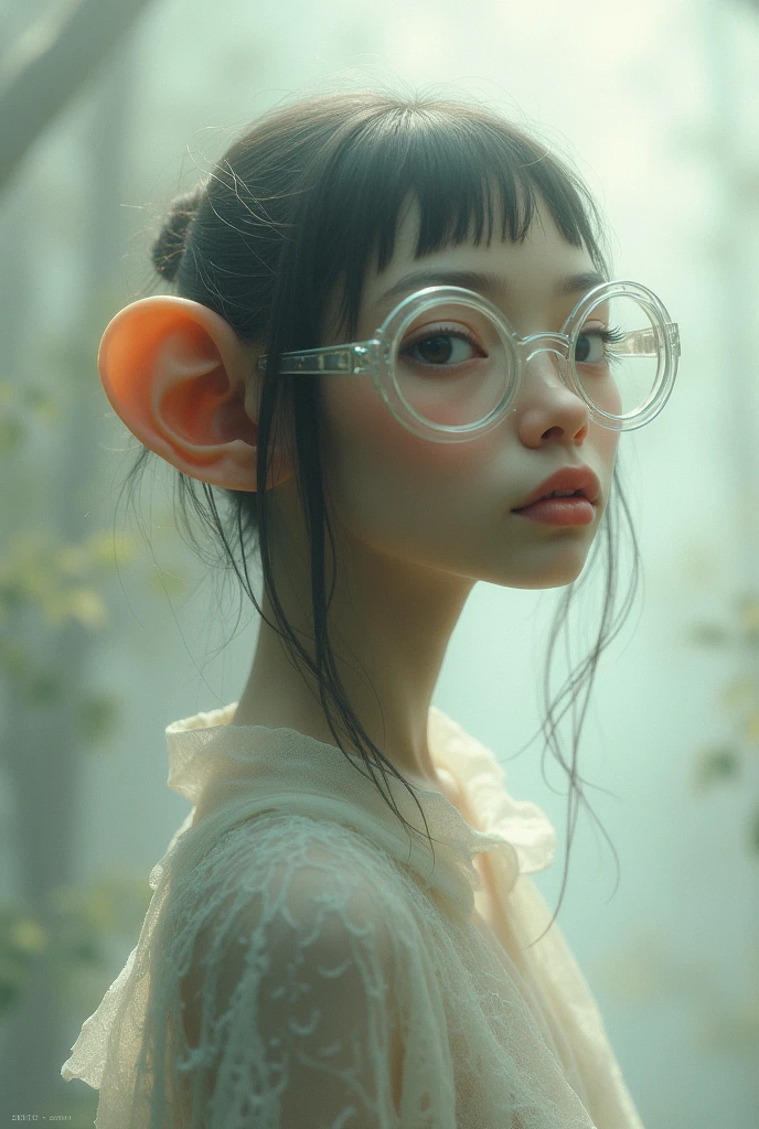 very thin monkey girl wear White frame of glass 