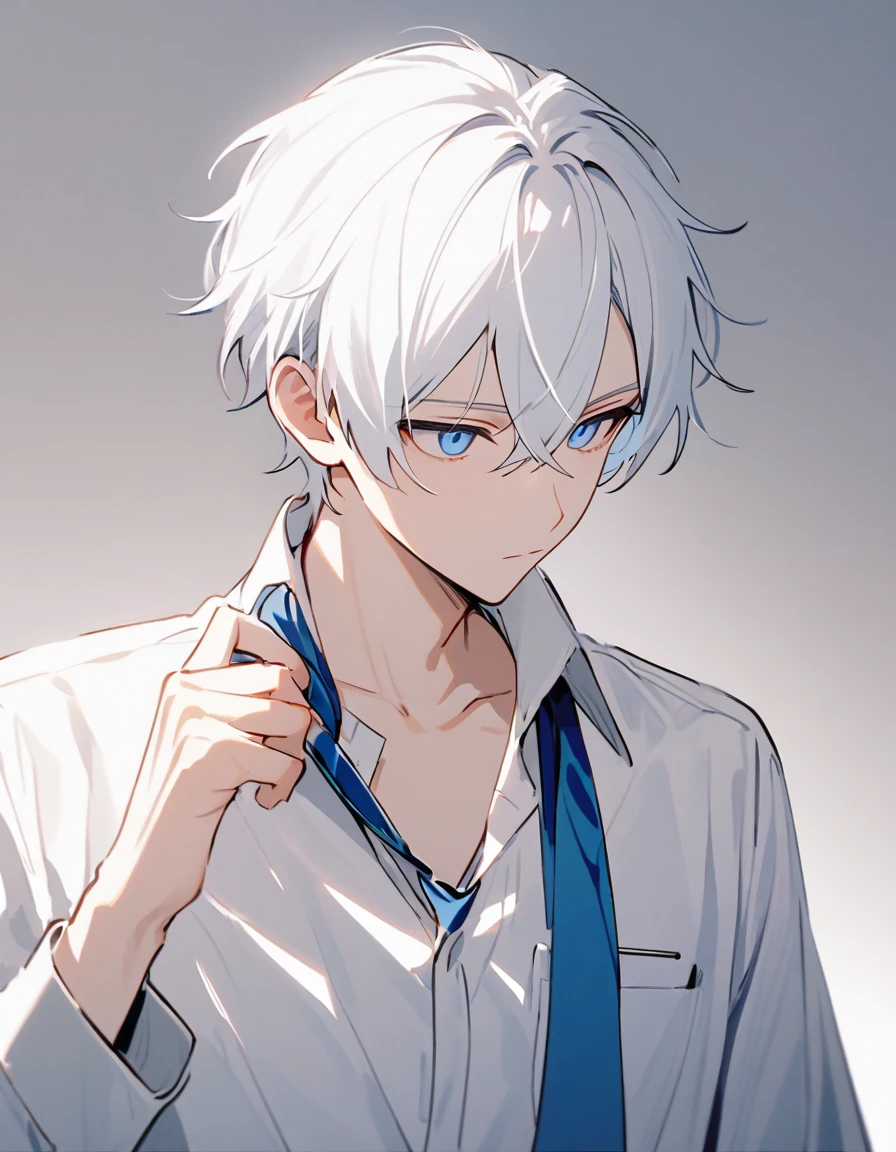 japanese school uniform, emotionless, cool, 1 male teenager, white hair, blue eyes, upper body, calm, pulling his necktie off, exposed neck