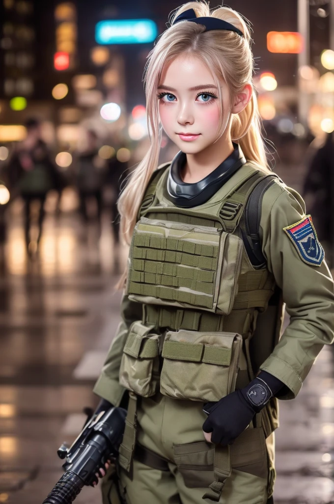 ((Highest quality)), ((masterpiece)), (detailed), high ponytail, ((Blonde)), Beautiful girl, Cute Eyes, Green eyes, False eyelashes, (((Watery eye))), (Blushed:1.3), white skin, (soldier:1.4), holding gas mask, ((bulge)), RPG-7, outside, raining, crowded city, fog, evening, neon sign,