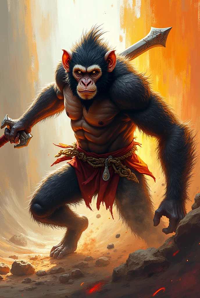 This is a dynamic and energetic image of a monkey warrior in action, depicted in a stylized and artistic manner, with a strong sense of motion and speed.