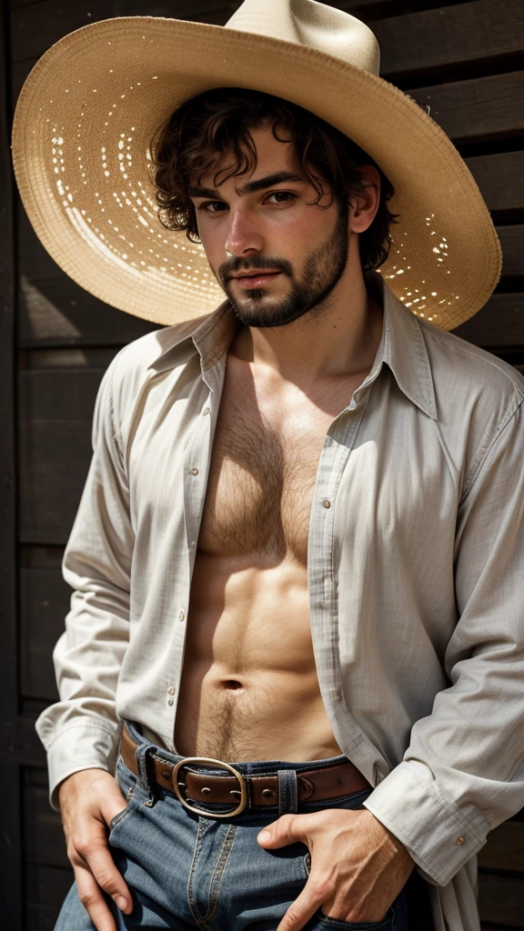A sexy man, wearing( western cloths), , homoerotic, nsfw ,extremely gorgeous face, ,masterpiece, seductive expression , cowboy ,black hair