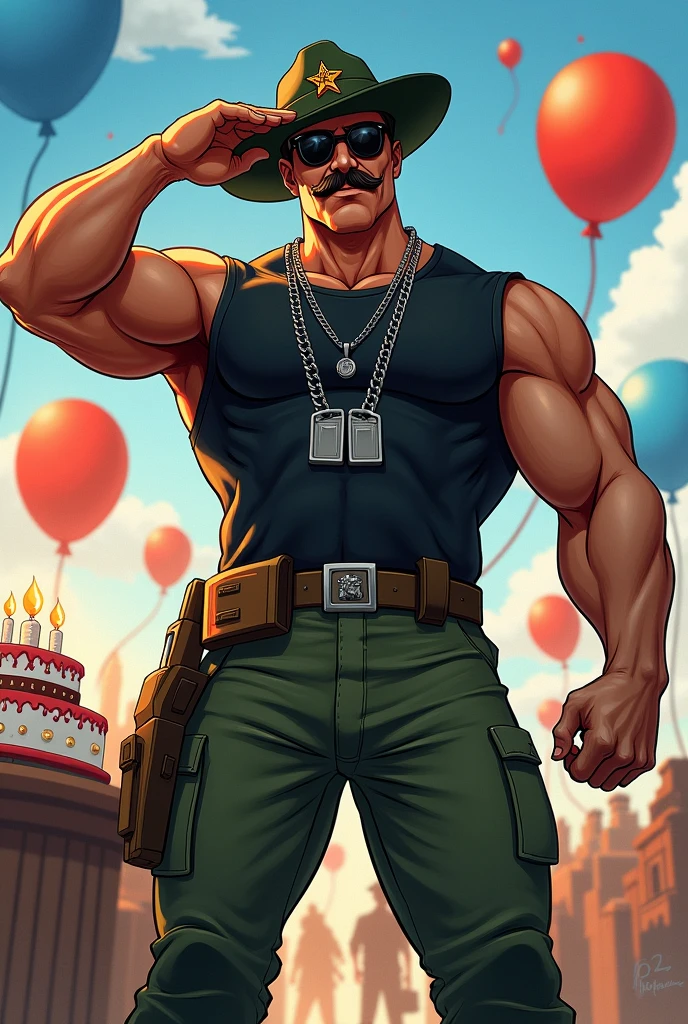 I want an illustration of Sergeant Slaughter from the Gi Joe series wearing a wide-brimmed green marine hat , black sleeveless t-shirt , He is very muscular and a little fat , makes the military salute with one hand, the face with a mustache and sunglasses , a long, thin chain with two rectangular silver medals, and green military pants and brown bootsCelebrating his birthday with a cake with candles in the other hand and blue, red and white balloons flying