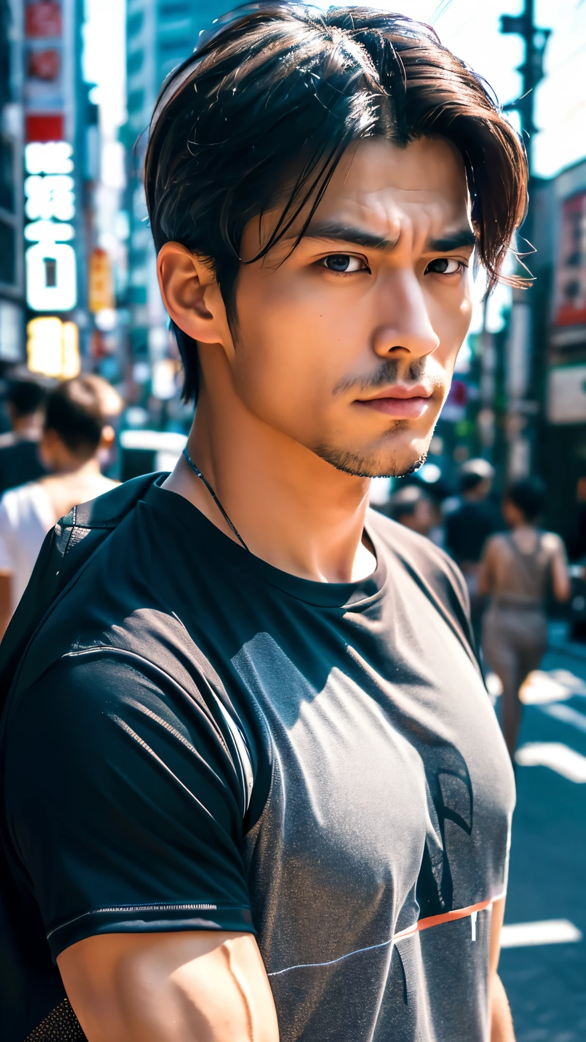 Photorealistic, 8K full-body poster, Handsome man, Japanese, 1 male, Serious expression, Sharp Eyes, Attractive look, Detailed facial details, muscle, Tokyo, summer, T-Shirts, Shibuya in the background