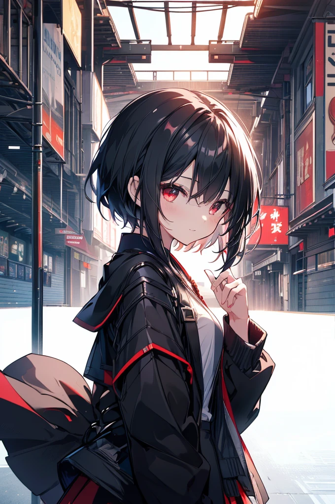 (masterpiece, highest quality, highest quality, (No text), Beautiful and aesthetic:1.2),No text,アニメ、BREAK,One Girl，Black Hair Girl　 adult　short hair　older sister　Beautiful eyes　Red eyes　cool　smile　Black and Red　skirt　Black jacket　whole body　In town