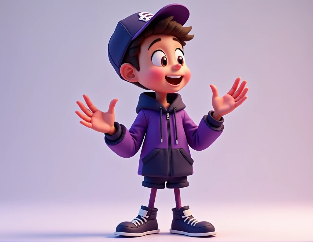 create a pixar style human character with a cap, having the clothes with the color palette of the clothes of black and purple ( with the purple varying from a lighter shade to a darker one) I want him to be full body in the image looking to the side and gesturing (in the intuition of showing something)