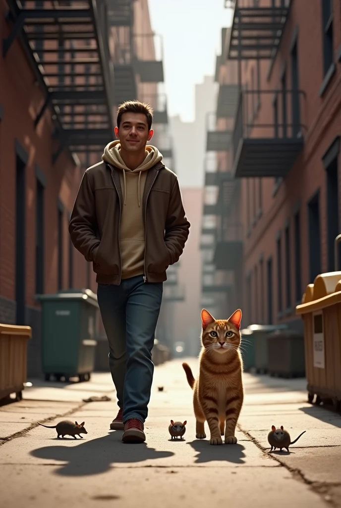 realistic cat with their owner by its side going for a walk in a new york alley while mice being around them roaming