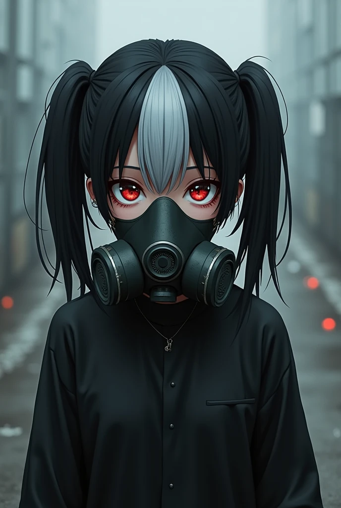 Create an anime style character with pigtails with hair on one side black and the other white and with bangs with a gas mask and a black outfit with a mental problem