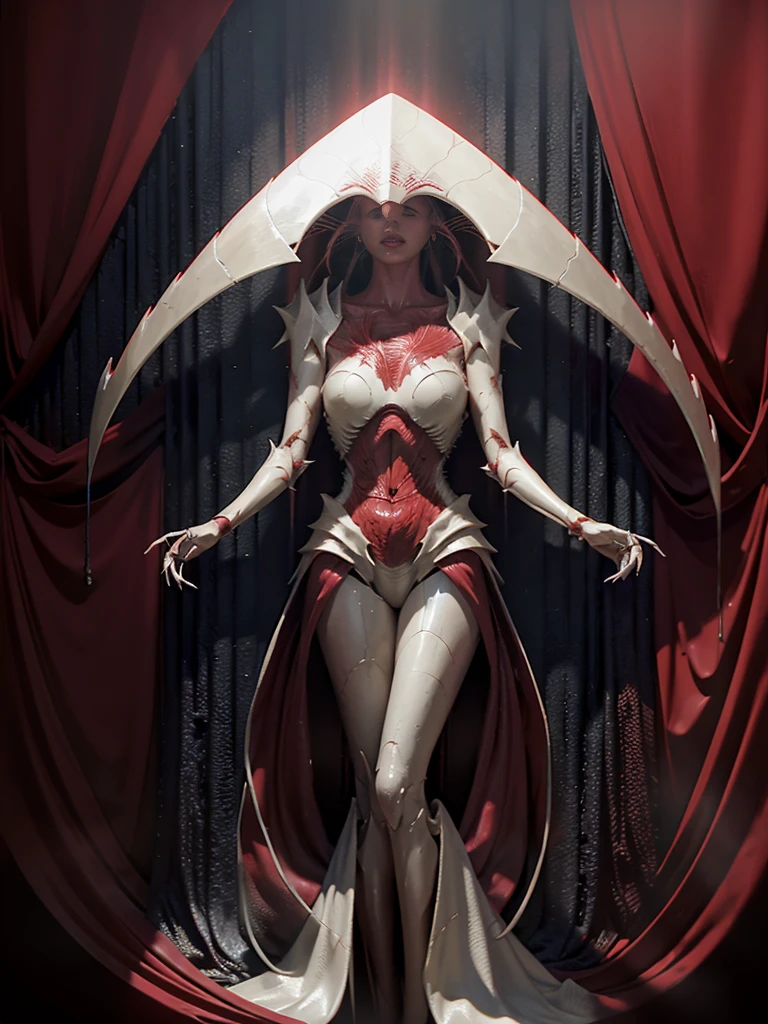 Elesh Norn, phyrexian, woman, female, standing, golden luminous ring, hand, sexy, large cleavage, red and white background, phyrexian symbol, gothic, dark fantasy, cinematic lighting, detailed face, intricate details, hyperrealistic, octane render, 8k, photorealistic