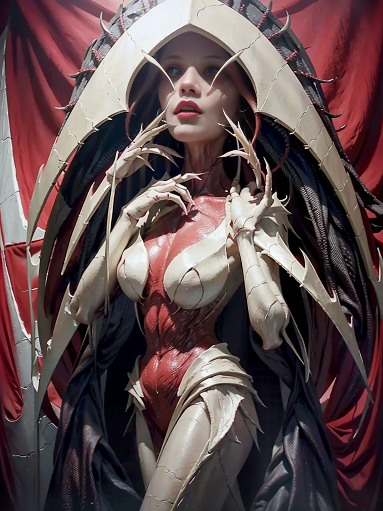Elesh Norn, phyrexian, woman, female, standing, golden luminous ring, hand, sexy, large cleavage, red and white background, phyrexian symbol, gothic, dark fantasy, cinematic lighting, detailed face, intricate details, hyperrealistic, octane render, 8k, photorealistic