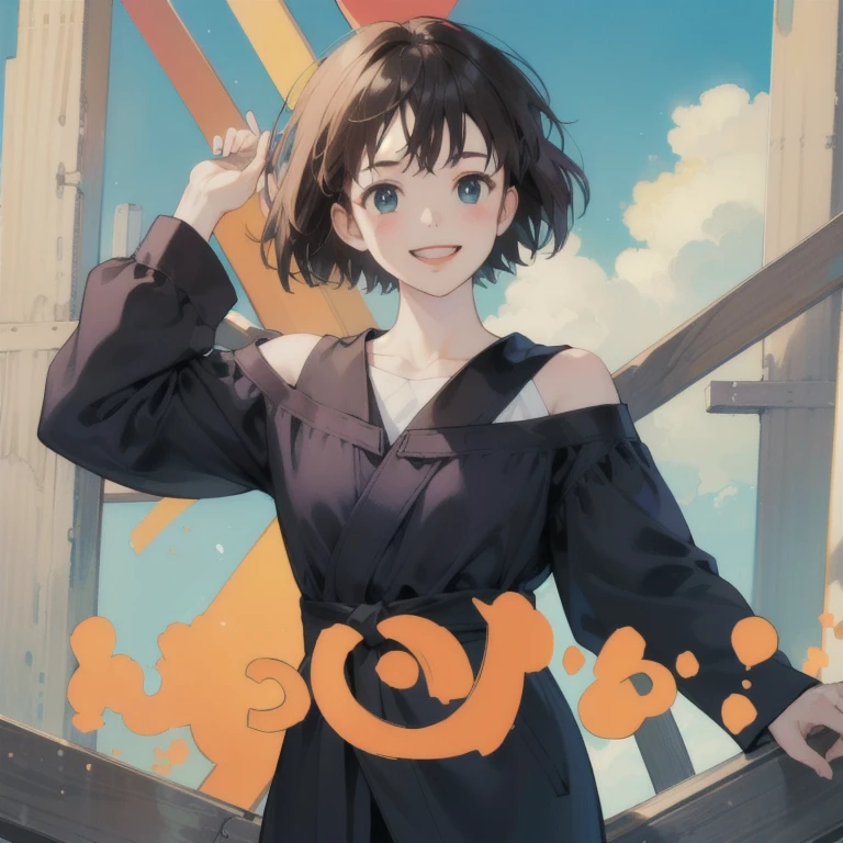 (masterpiece:1.4), (Highest quality:1.4), (High resolution:1.4),One person, Kiki, Black robe,((A happy smile)),((looks fun)),(Shoulders exposed)