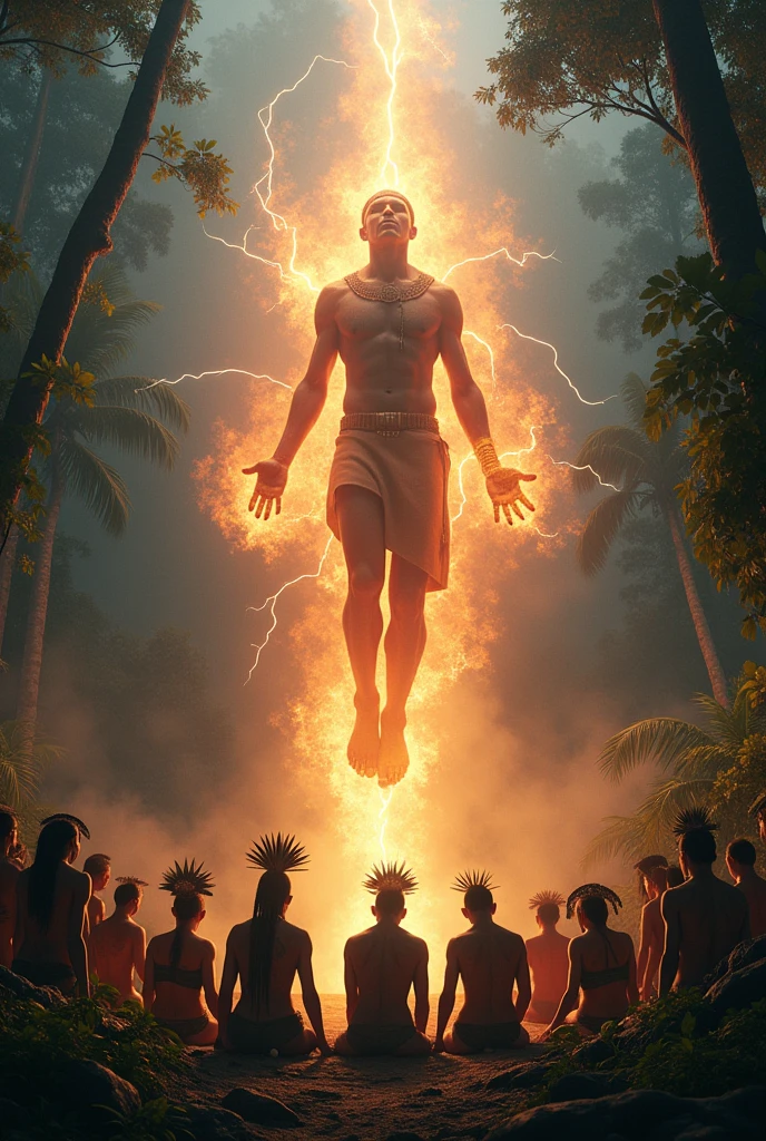 scene with several indigenous people worshiping Tupã, god of Brazilian indigenous mythology, in the middle of the forest, they must bow before Tupã. the tupa must be floating in front of them amid flames and lightning in an epic scene 