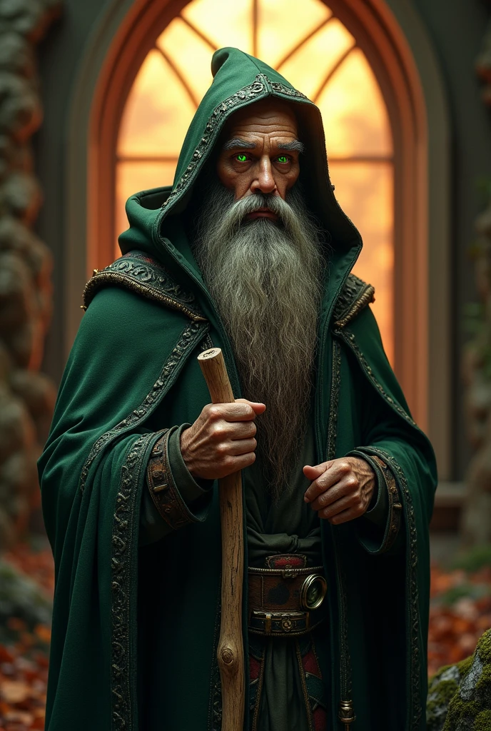 hyper-realistic bearded mountain man Homeless intricate details insanely leather green and black hooded cloak middle-aged walker lonely in forest autum at sunset, , fantasy character art, illustration, dnd, warm tone, wanderer wizard of nature, bald, staff in hand, Intricate details insanely artwork Wooden painted man, 3D effect ultra-detailed intricate insanely Heart, museum room, green glass eyes, Carved in wood, painted with bright colors., indie film screencap, dramatic angle, , found footage, (steampunk), (cyberpunk aesthetic), (retrofuturism, atompunk), heroic proportions, window behind,spotlight embroidery, accents, intense gaze, digital painting cinematic film light, expressive eyes,