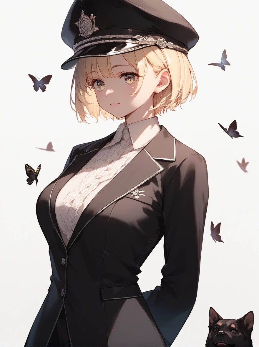 1 Female, only, Black Hat,  short hair, (masterpiece, Highest quality), ((short hair, Blonde, Black suit)), White Background, Are standing, Flat Color, Blonde Eyes, dog, Black and white butterfly, Urban Background, Put your arms behind your back, Big Breasts,