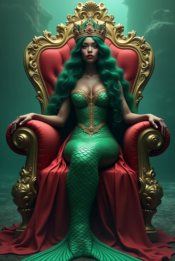 Dark skin woman. Mermaid. Long green and red hair. Intricate green and red tail. Green, Red and gold crown on her head. Sitting on throne. Ultra high quality.