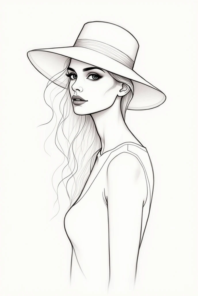 A thin line drawn continuously that takes the shape of the face of an elegant woman with a hat with a pose that shows her femininity and elegance with a short neck and long hair., loose and wavy, that extends outside the hat