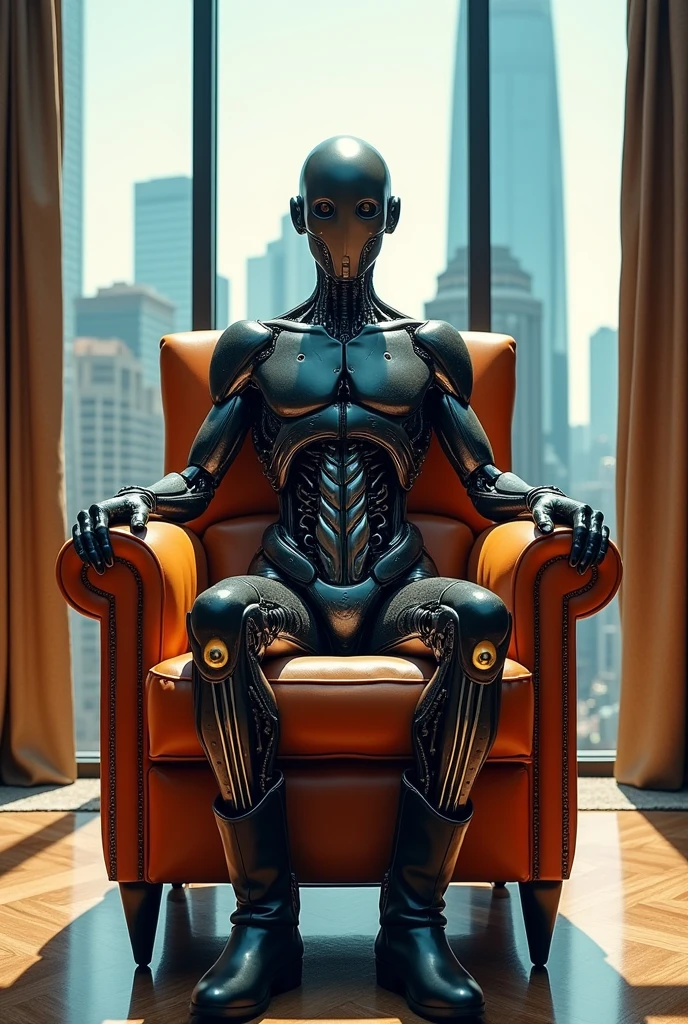 office in a skyscraper in a big city, Cyborg man sits in a luxurious chair, Heavy Men's Boots, high quality, absurdity, masterpiece, Beautiful, complex parts, 1/2 body finishes, slender body, Beautiful figure, Magnificent Anatomy, (complex parts:1.12), HDR, (complex parts, hyperdetailing:1.15), (natural skin textures, hyperrealistic, soft light, spicy:1.2)