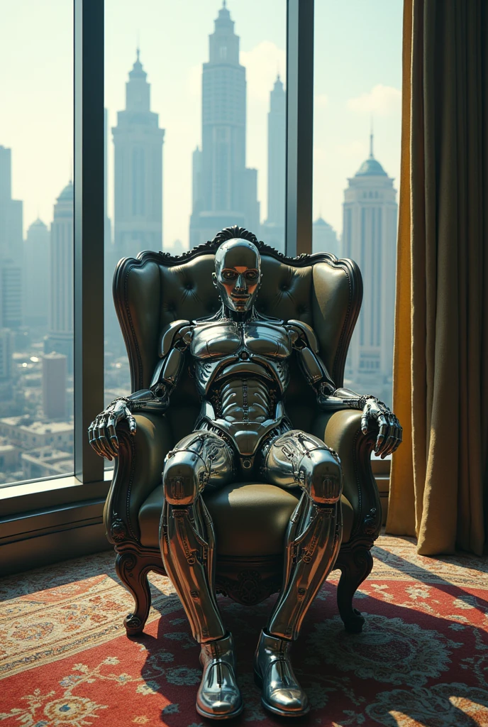 office in a skyscraper in a big city, Cyborg man sits in a luxurious chair, Heavy Men's Boots, high quality, absurdity, masterpiece, Beautiful, complex parts, 1/2 body finishes, slender body, Beautiful figure, Magnificent Anatomy, (complex parts:1.12), HDR, (complex parts, hyperdetailing:1.15), (natural skin textures, hyperrealistic, soft light, spicy:1.2)